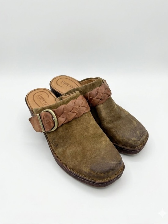 Born Shoes - Born tru heeled mule clogs suede leather buckle brown olive size 8 women’s